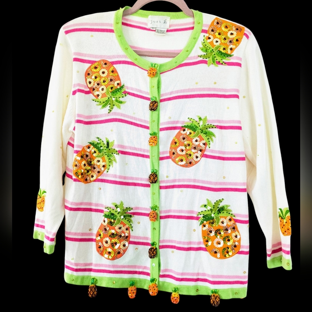 Whimsical Pineapple Sequin Tassel Cardigan‎ Pink Yellow  Statement Women's L *